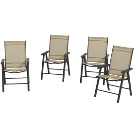Outsunny Set of 4 Outdoor Folding Chairs, Stackable Patio Dining Chairs with Armrests, Metal Frame, Light Mixed Brown
