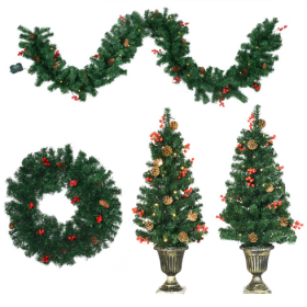 HOMCOM Prelit Holiday Christmas 4-Piece Set, Garland Wreath And Set Of 2 Entrance Trees With Warm White LED Lights, Red Berries, Pine Cones, Gree (Color: green)