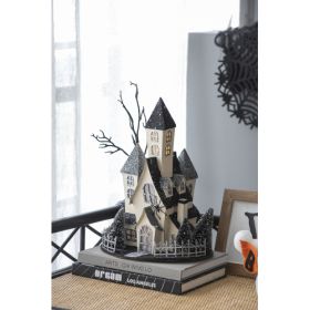 10x8.3x13.5 Cardboard Lighted Haunted House, Black Beige Tabletop Holiday Halloween Decor, Battery Powered (Option: BeigeBlack)