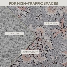 Machine Washable Area Rug 4x6, Non-Slip Traditional Flower Print Floor Carpet For Living Room, Bedroom, Grey And Brown (Color: Brown)